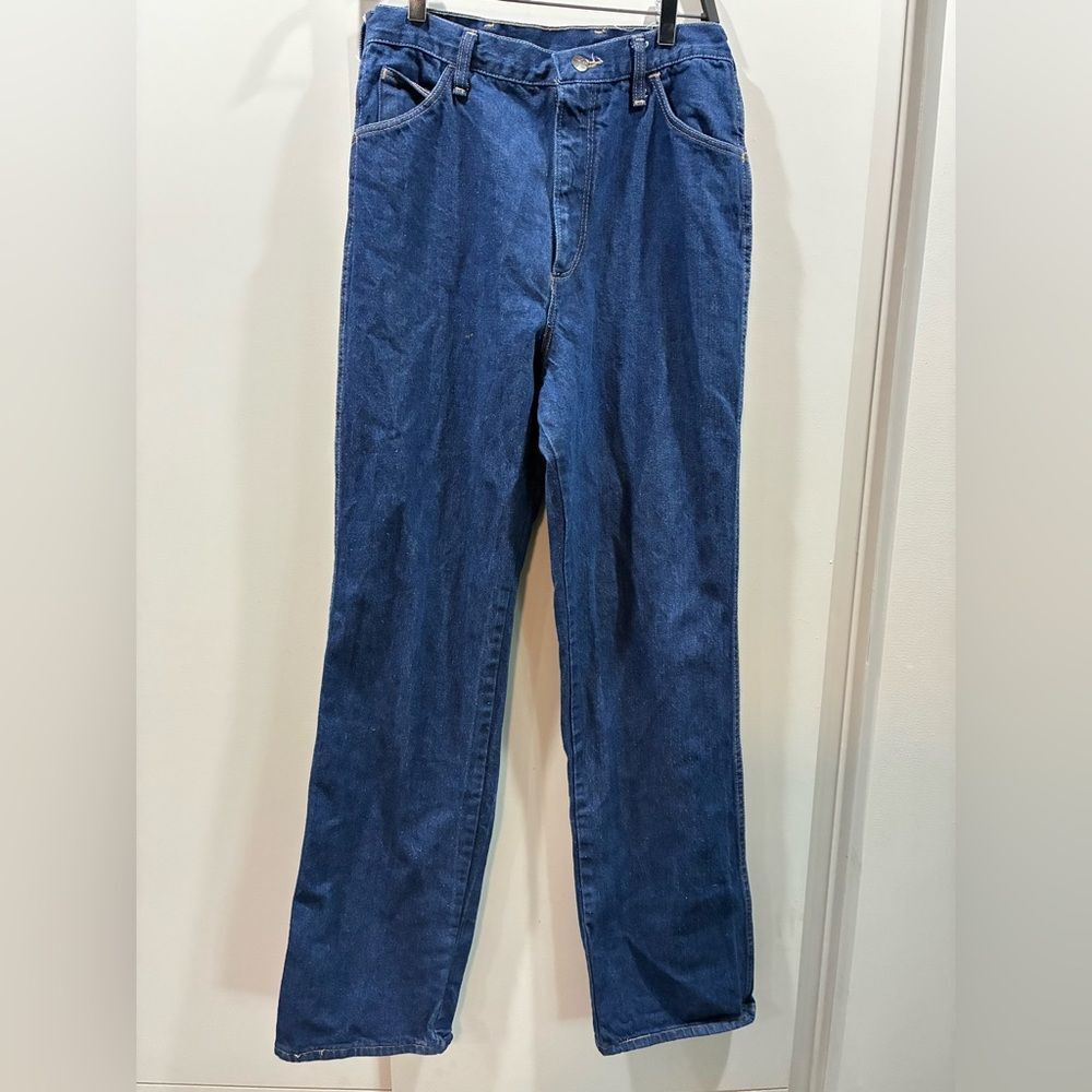 Vintage Rustler Wrangler Misses Jeans 12 LONG‎ USA Dark Wash Straight Leg Denim
